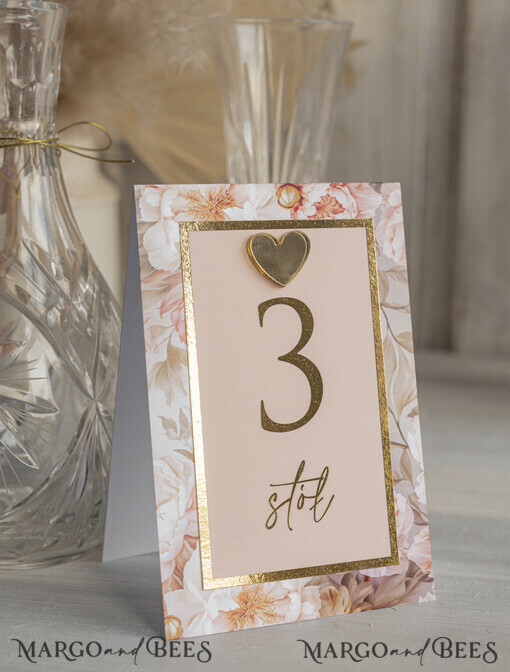 Numery na stół Glamour elegancki numerek na stół weselny, różowo złoty numer na stół weselny, dekoracja na stoły weselne, numery na stoły weselne ze złotym sercem 